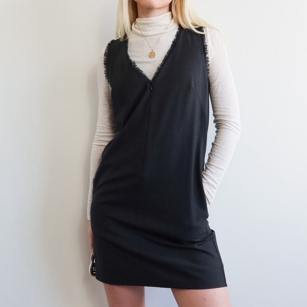 V Neck Front Zip Charcoal Grey Fringe Dress Small